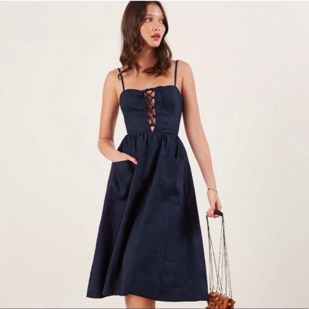 Reformation | Ellen Linen Dress in Navy Blue 0